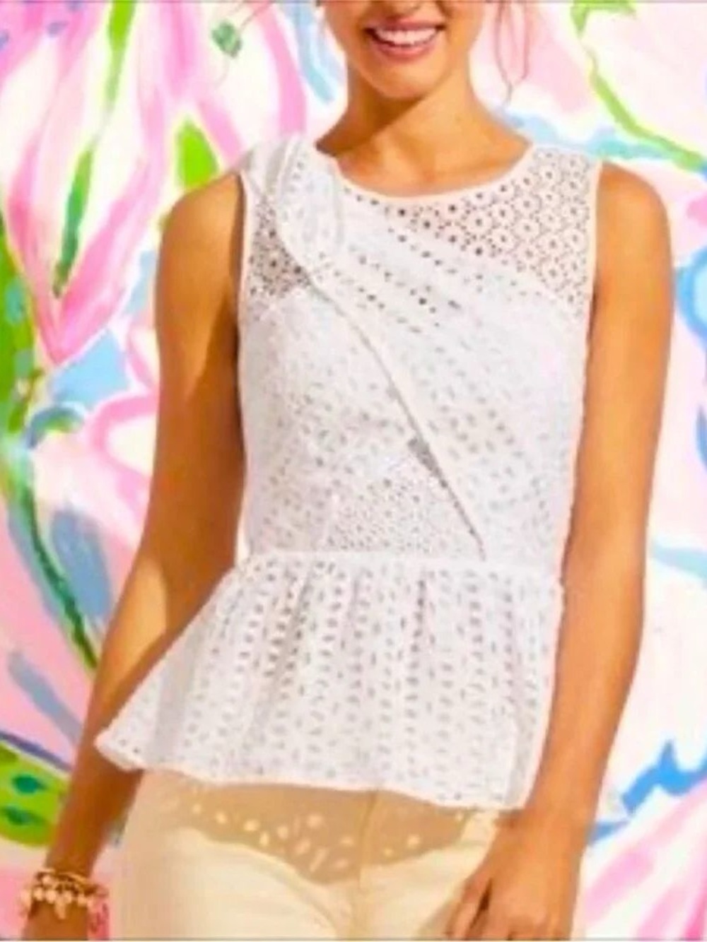 Lilly Pulitzer White Eyelet Peplum Sleeveless Top Size 6